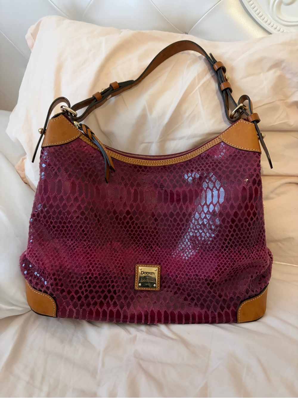 Dooney & Bourke Burgundy Python-Embossed Shoulder Bag with Tan Trim
